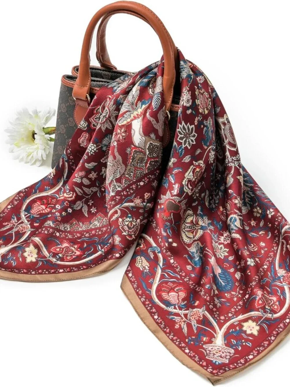 Women's Garnet Mulberry Square Scarf for Hair Digital Printed Headscarf Silk